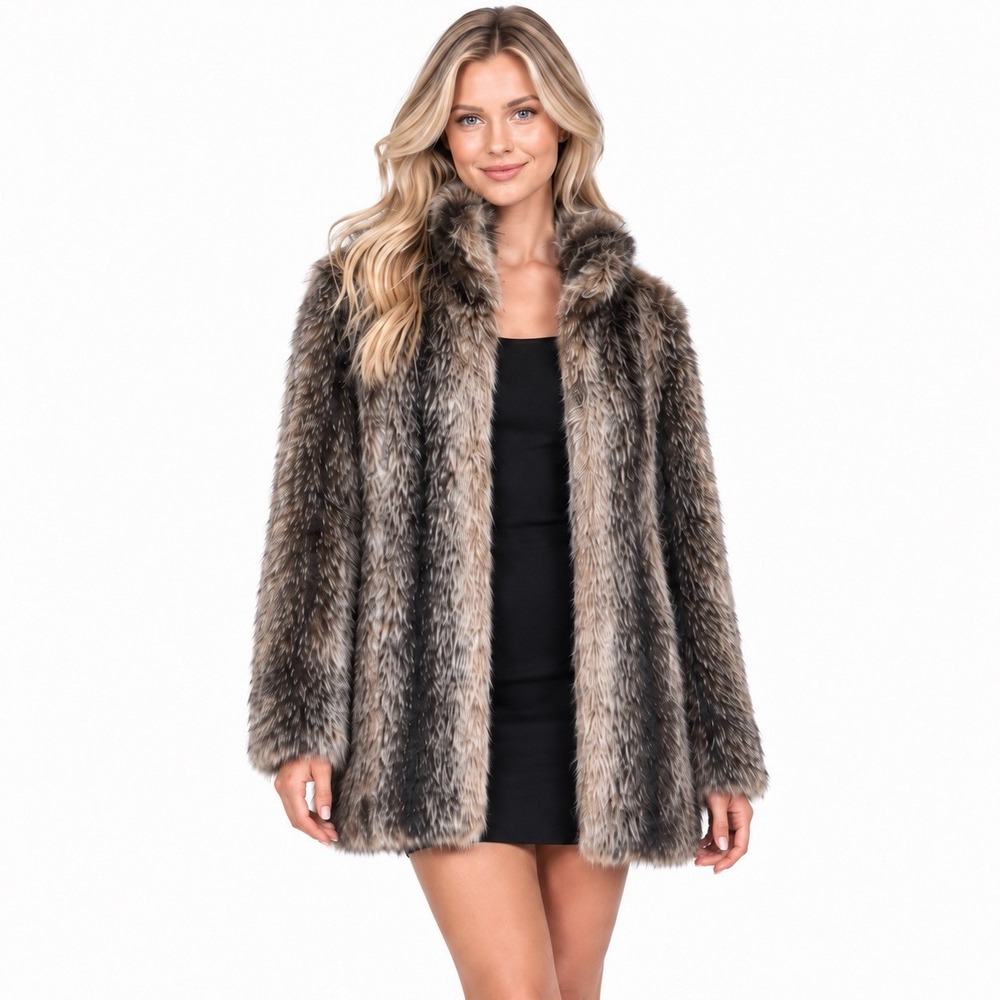 Vtg 1980s Made in USA Faux Fur Coat Womens XL Gray Brown Long Pile Glam Perfect